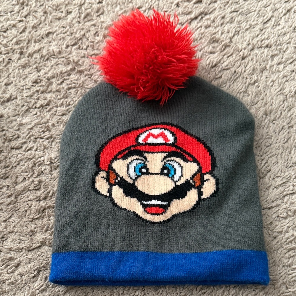 Nintendo Gray and Red Kids Beanie with Blue Trim